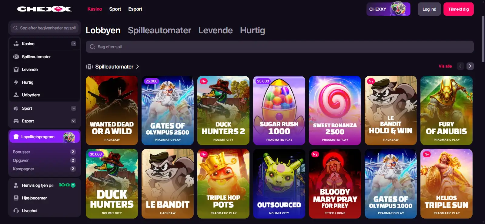 CHEXX casinolobby med kategorier filtre og mange spiltitler