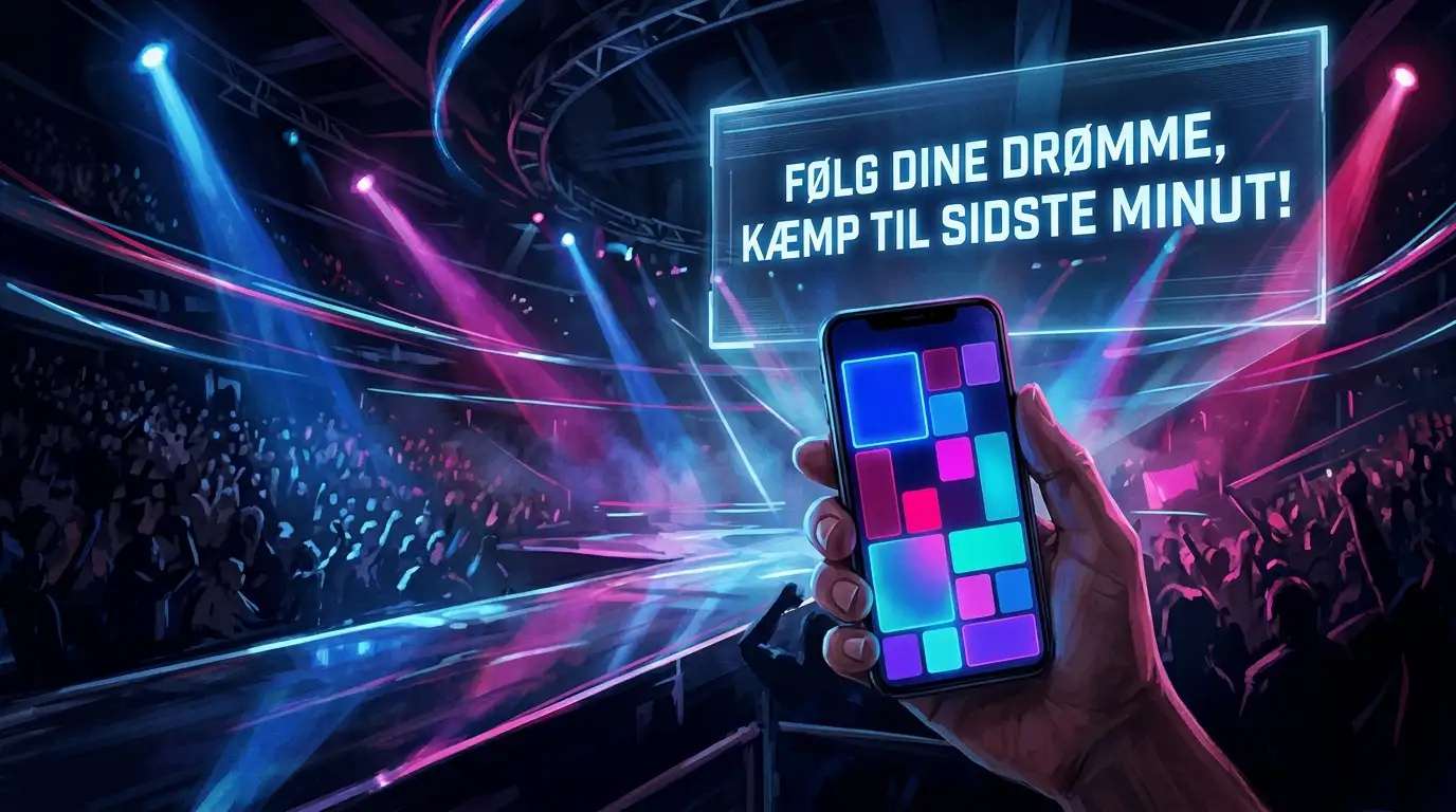 Hånd med smartphone og abstrakte felter på skærmen