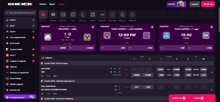 CHEXX sportssektion med esportsdiscipliner og kampe med odds