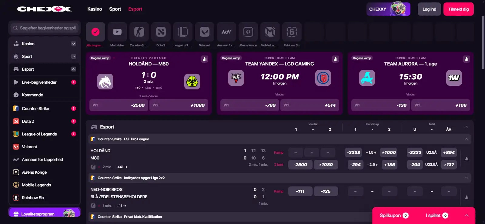 CHEXX sportssektion med esportsdiscipliner og kampe med odds